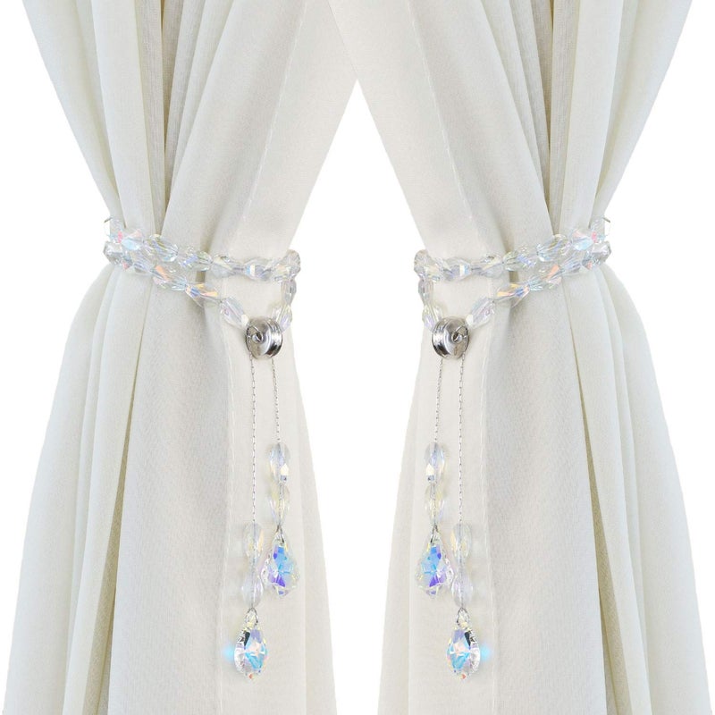 Pedobo Magnetic Curtain Tiebacks,Crystal Beads Rope Drapery Holdbacks Holder for Small,Thin or Sheer Window Draperies,12 Inch Long,2 Pack (White) - Image 1